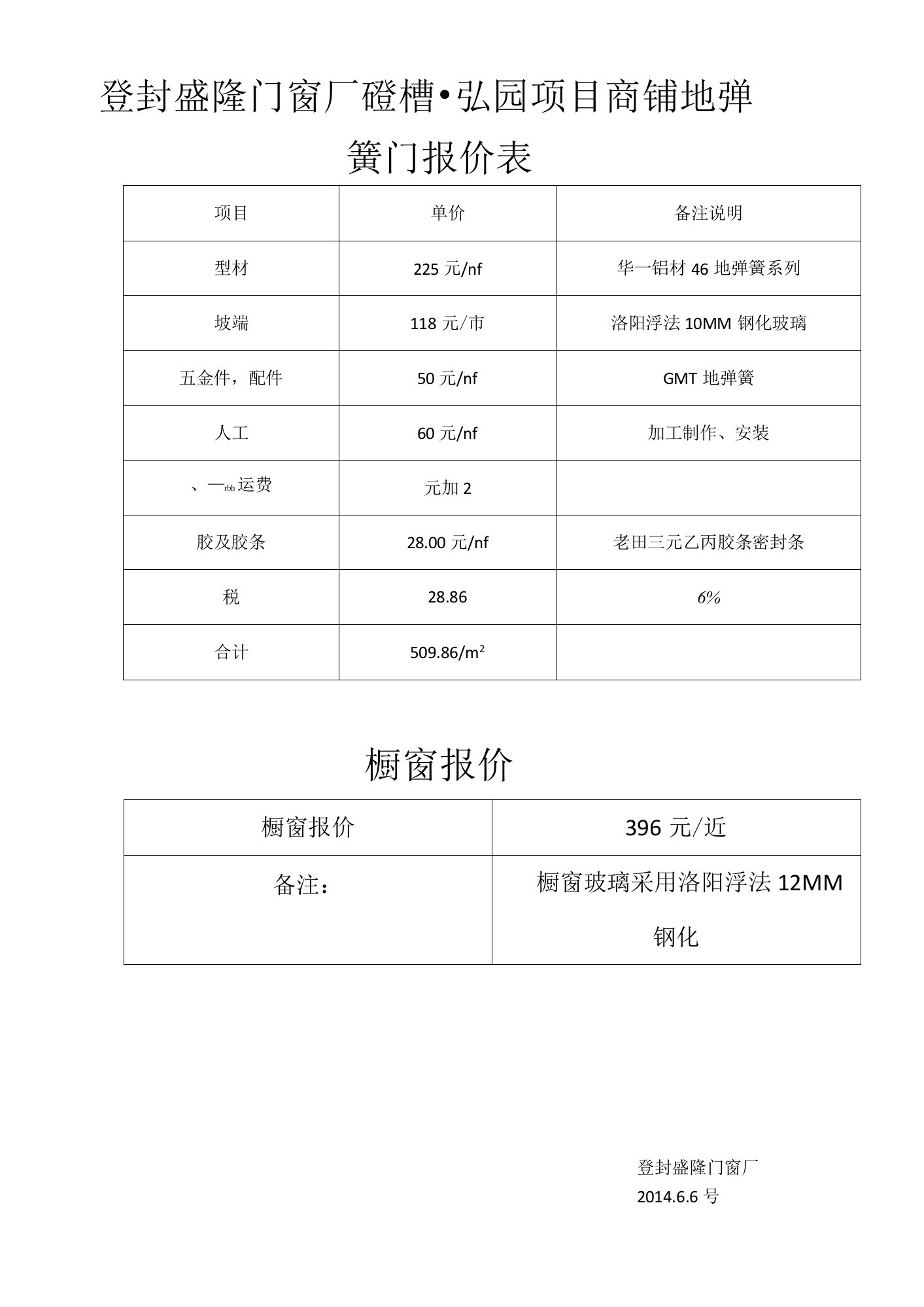 商铺地弹簧门报价表