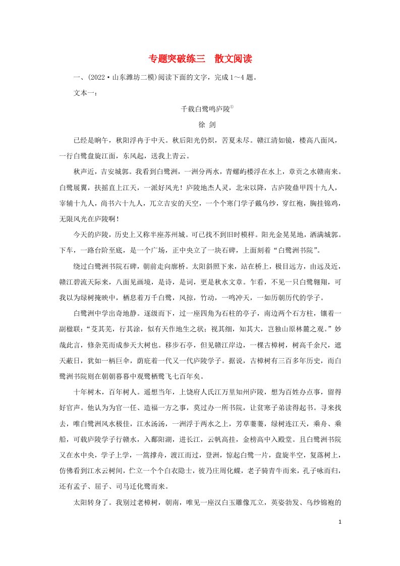 新高考适用2023版高考语文二轮总复习第2部分攻坚决胜专题突破练3散文阅读