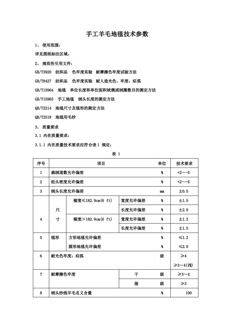 手工羊毛地毯技术参数