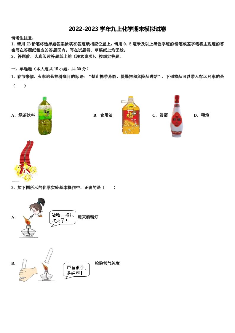 江苏省徐州市第一中学2022年化学九年级第一学期期末达标检测模拟试题含解析