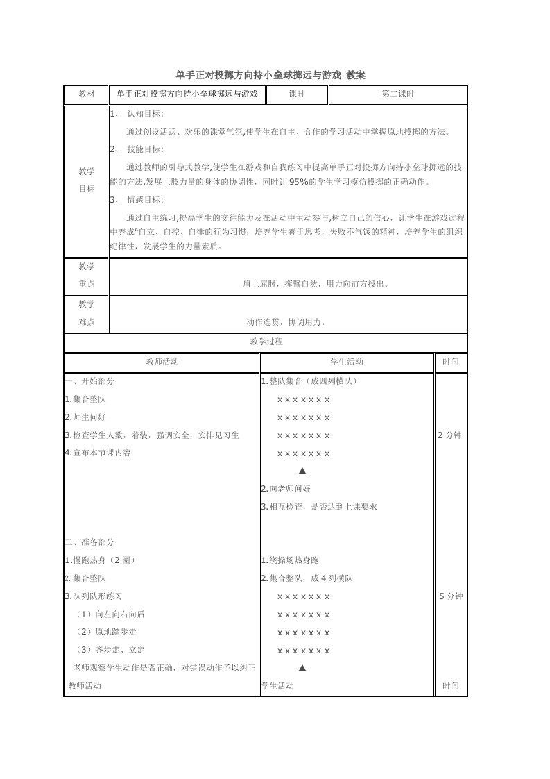 单手正对投掷方向持小垒球掷远与游戏