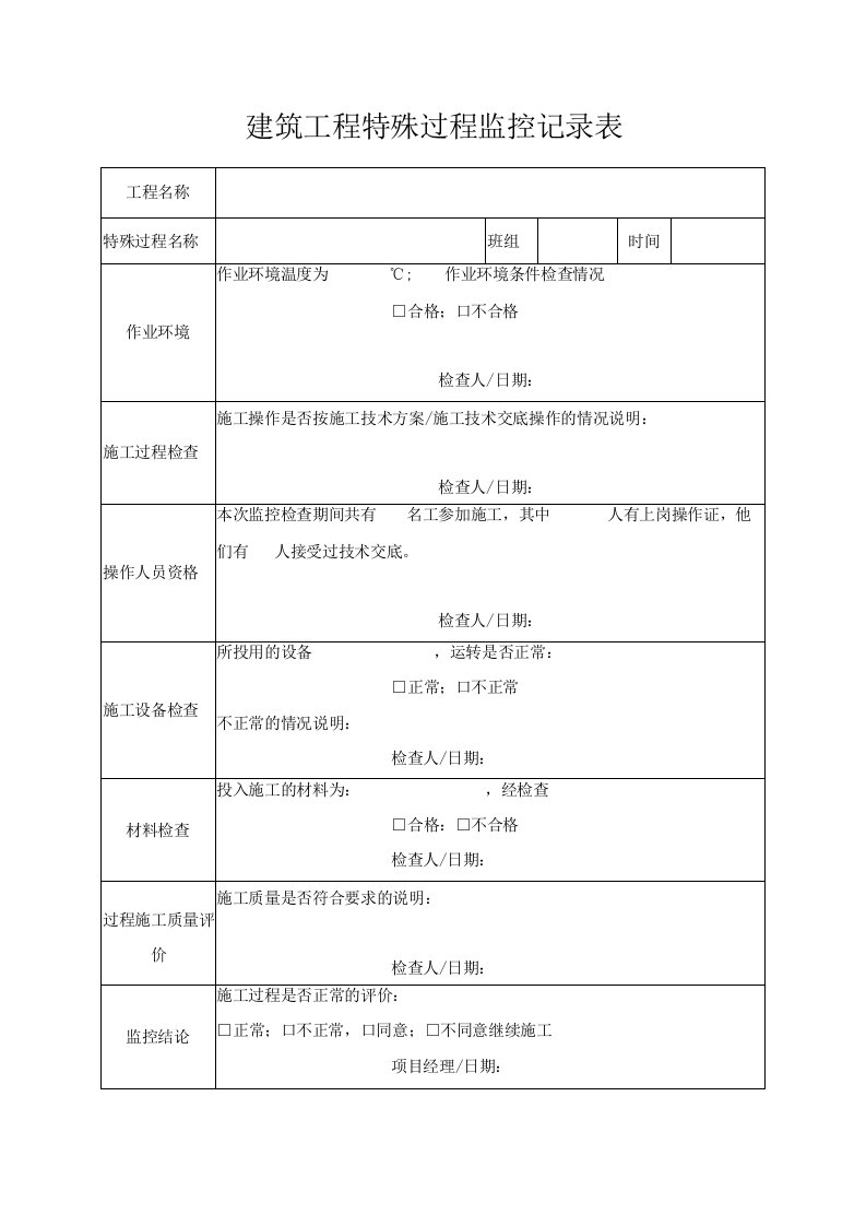 建筑工程特殊过程监控记录表