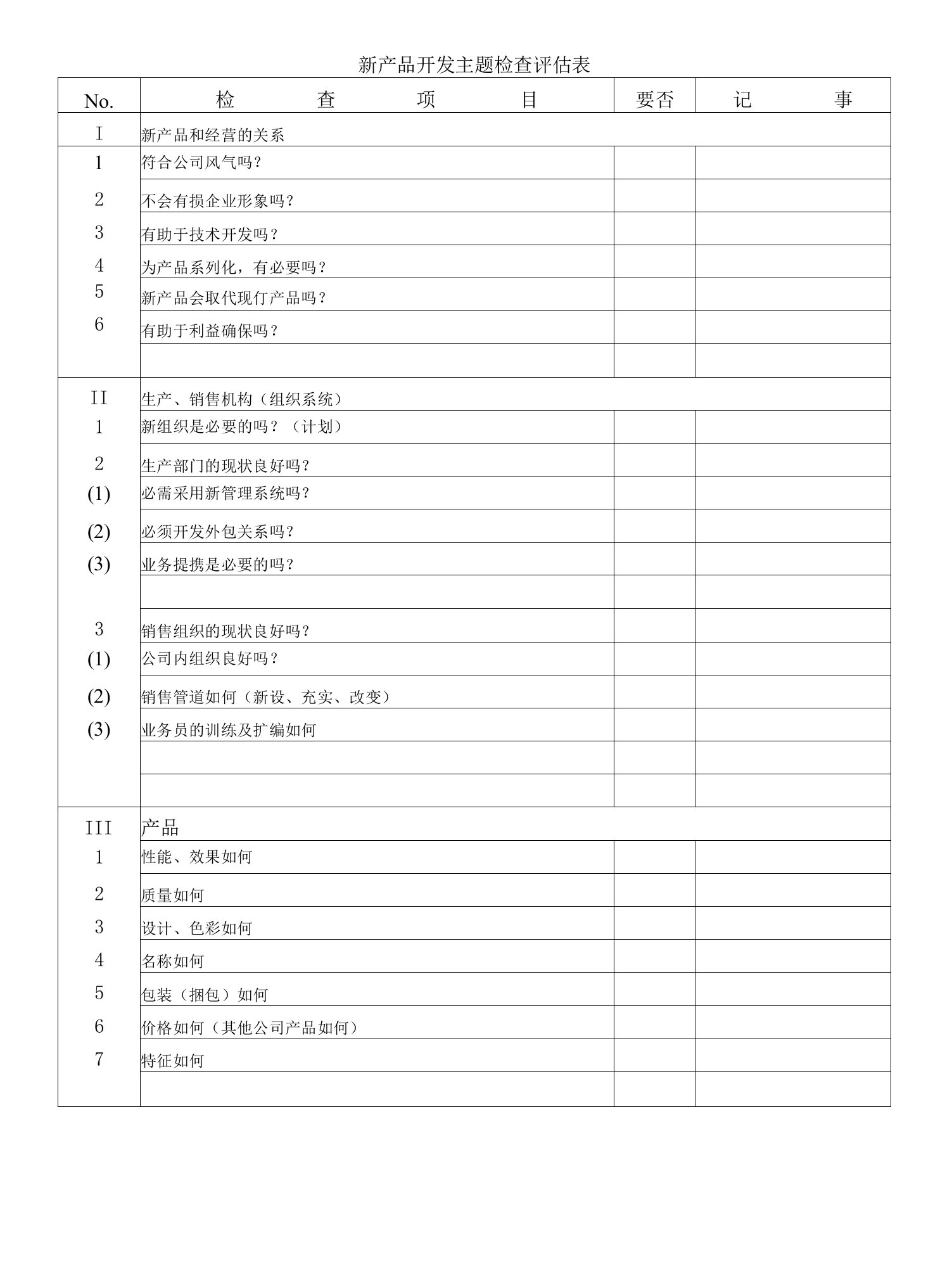 新产品开发主题检查评估表