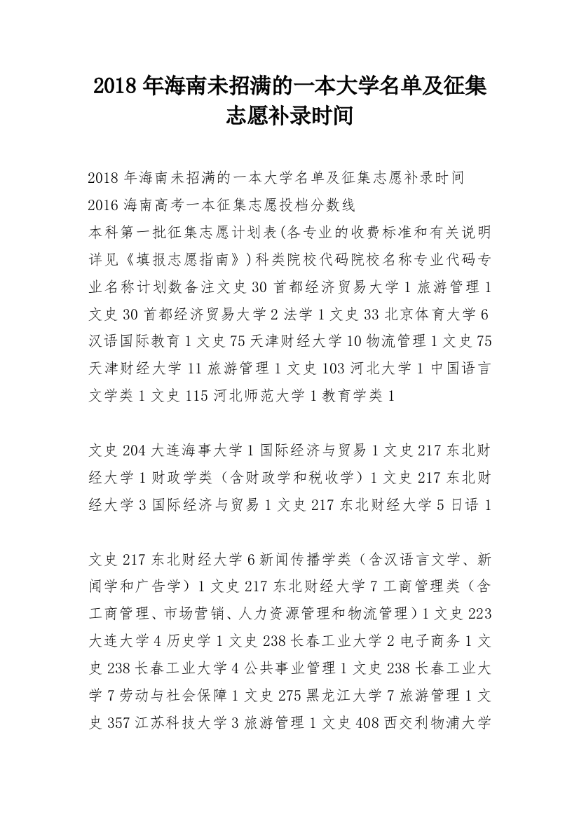 2018年海南未招满的一本大学名单及征集志愿补录时间