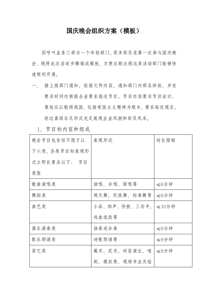 国庆晚会组织专项方案模板