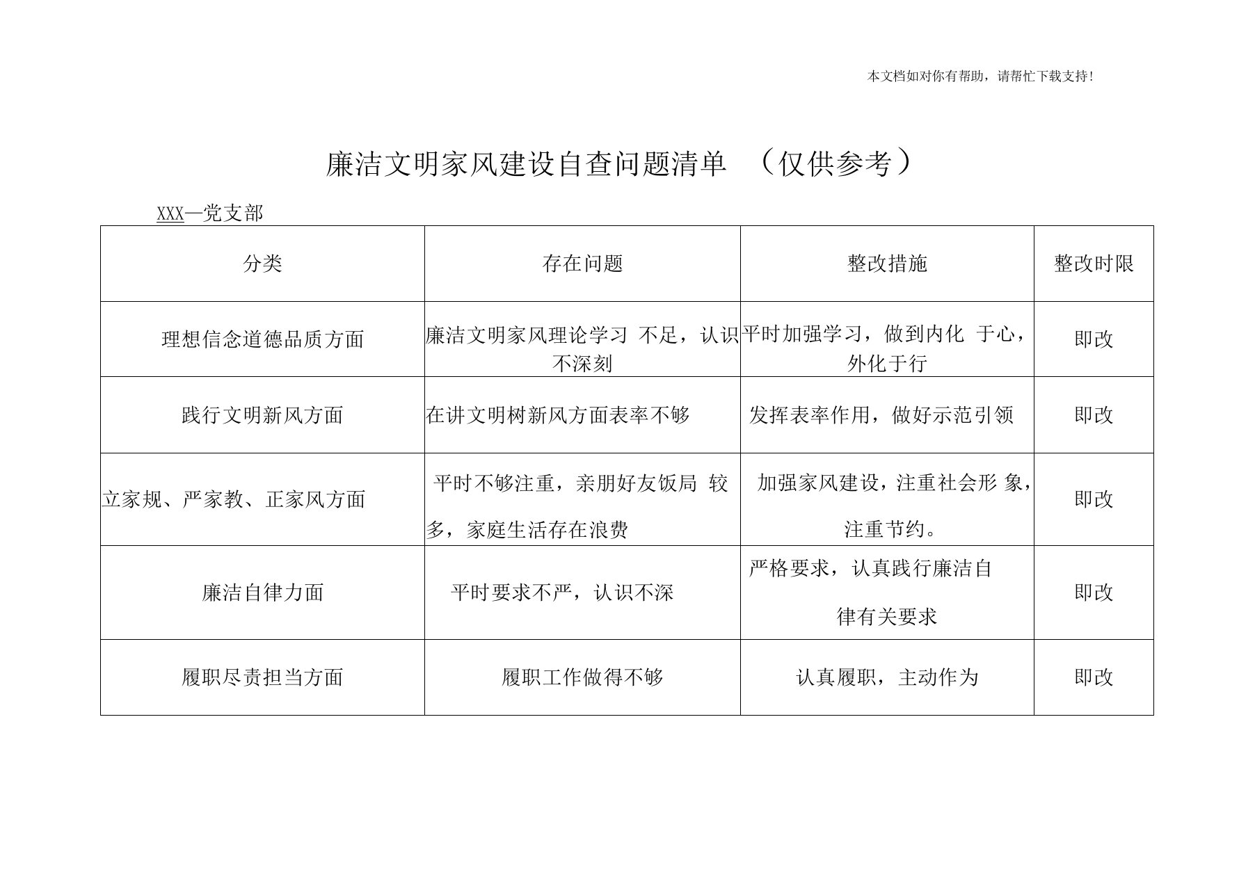 廉洁文明家风建设自查问题清单