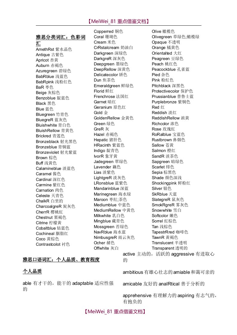 【9A文】雅思词汇分类大全完整版