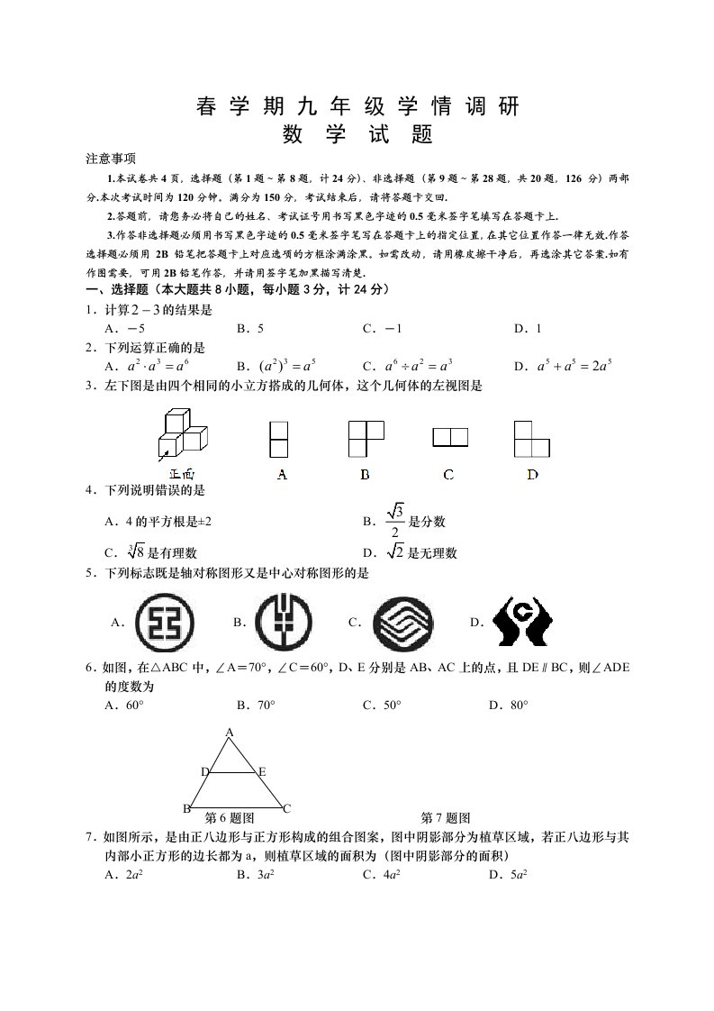 阜宁县九年级数学一模试卷(含答案)