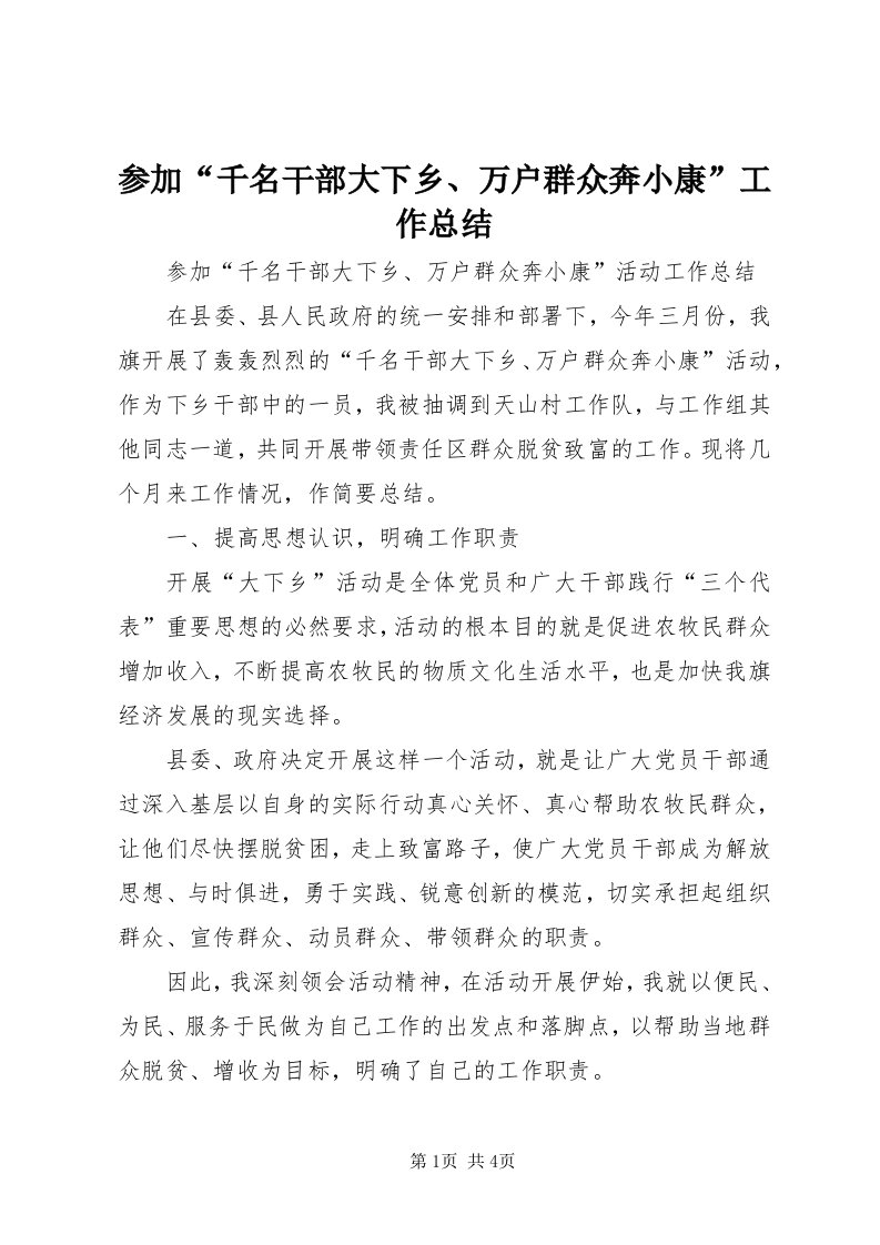 参加“千名干部大下乡、万户群众奔小康”工作总结