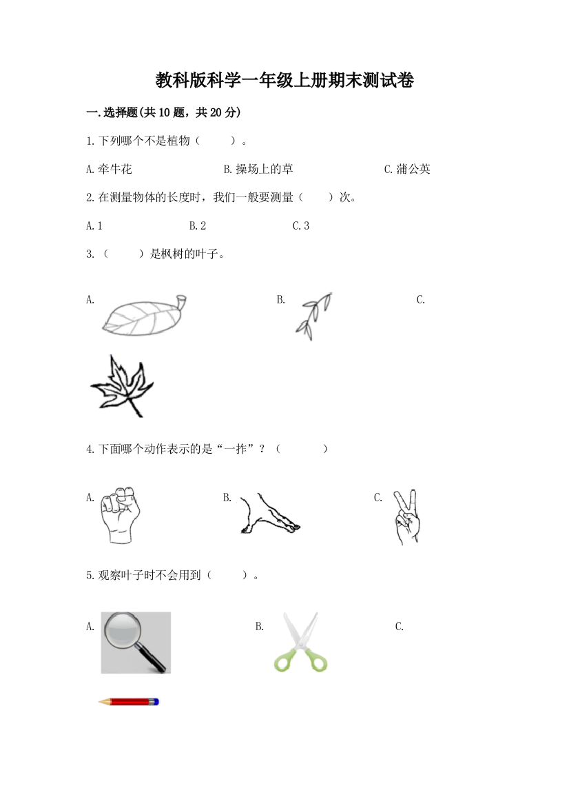 教科版科学一年级上册期末测试卷附答案【能力提升】