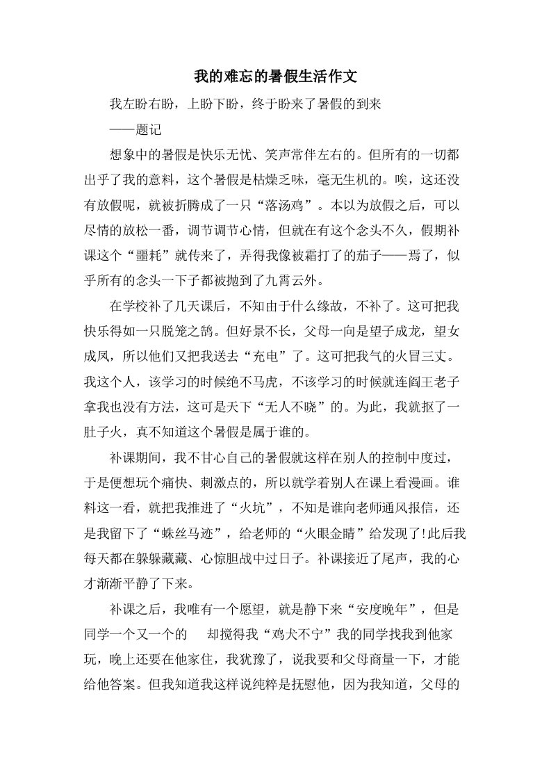 我的难忘的暑假生活作文