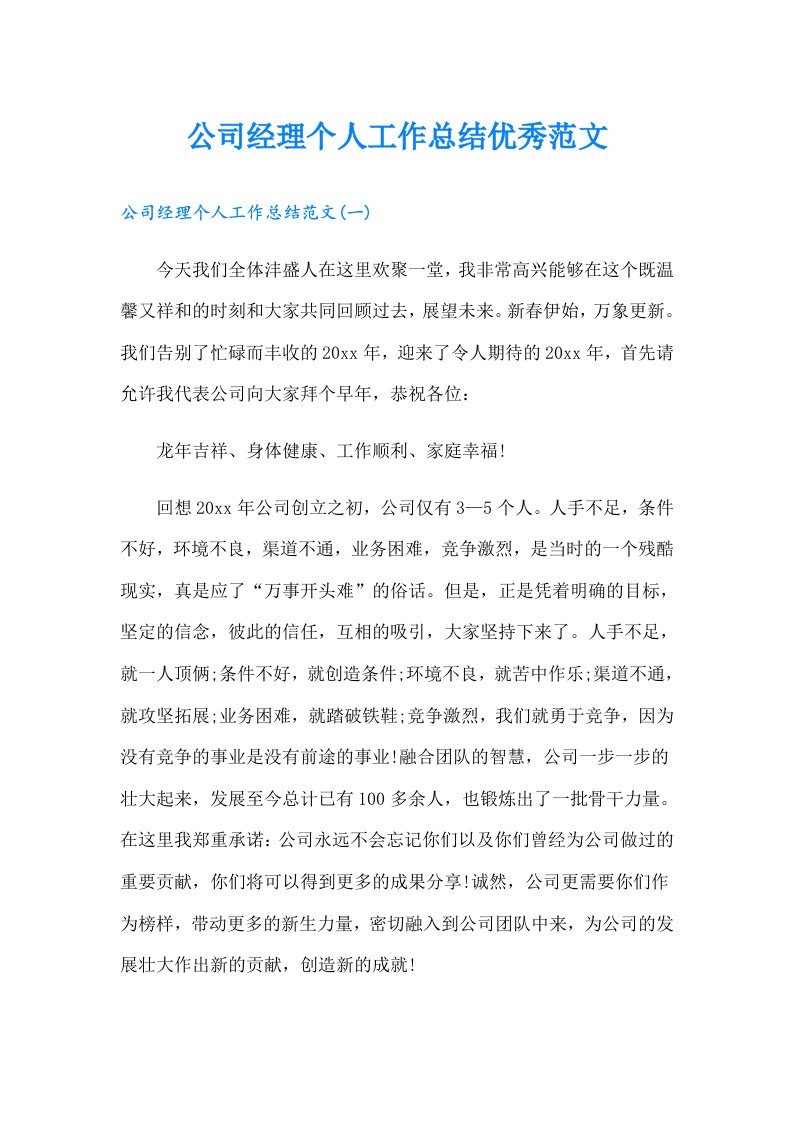 公司经理个人工作总结优秀范文