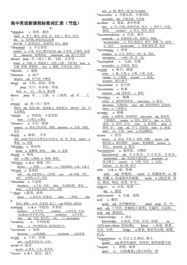 高中(含初中等)英语词汇表扩展样本