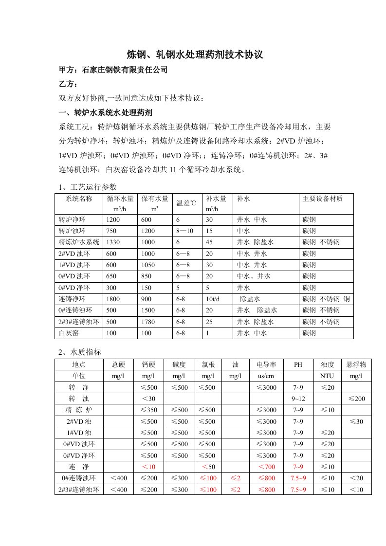 炼钢、轧钢水处理药剂技术协议