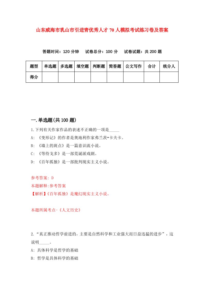 山东威海市乳山市引进青优秀人才70人模拟考试练习卷及答案第4期