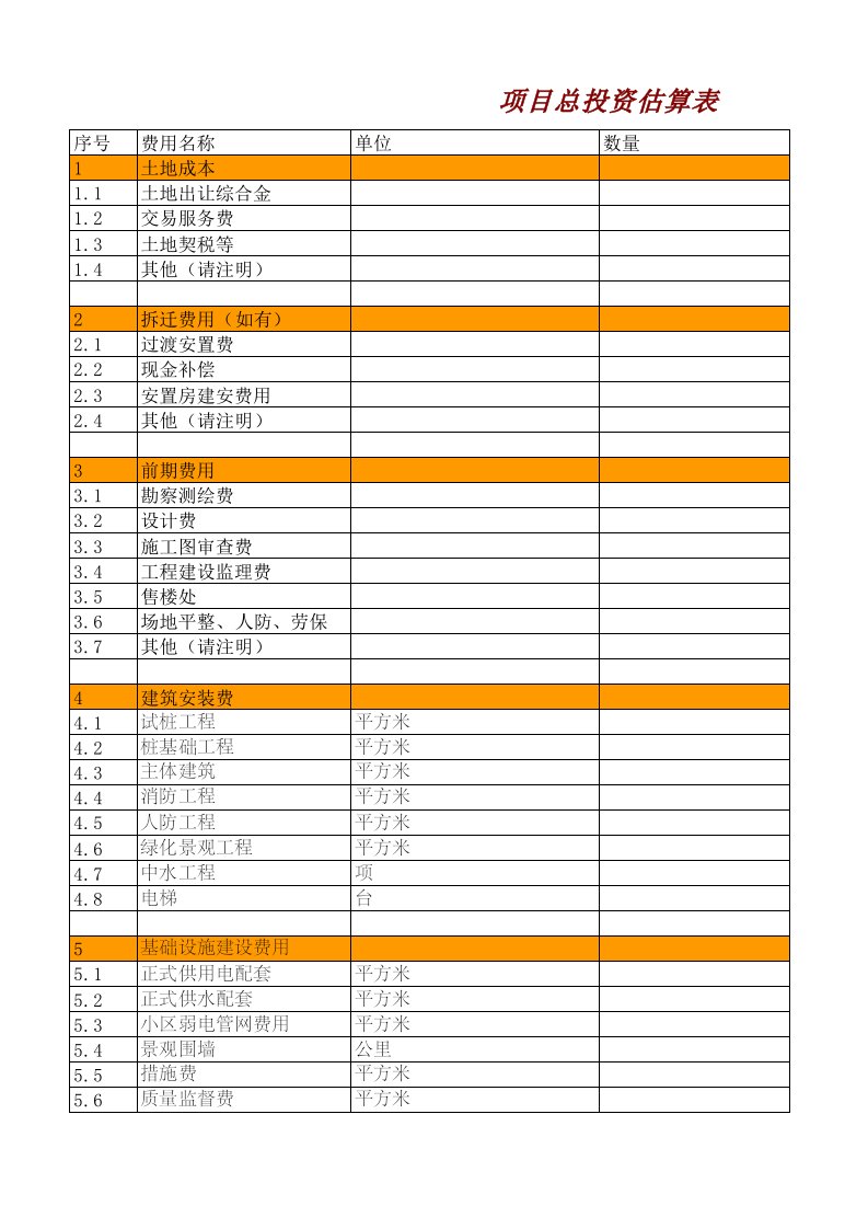 房地产开发成本测算表