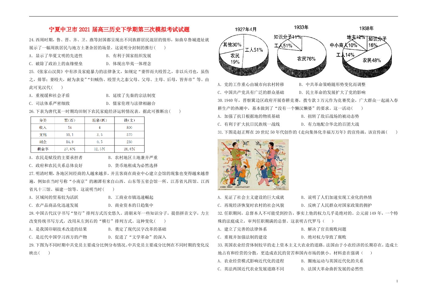 宁夏中卫市2021届高三历史下学期第三次模拟考试试题