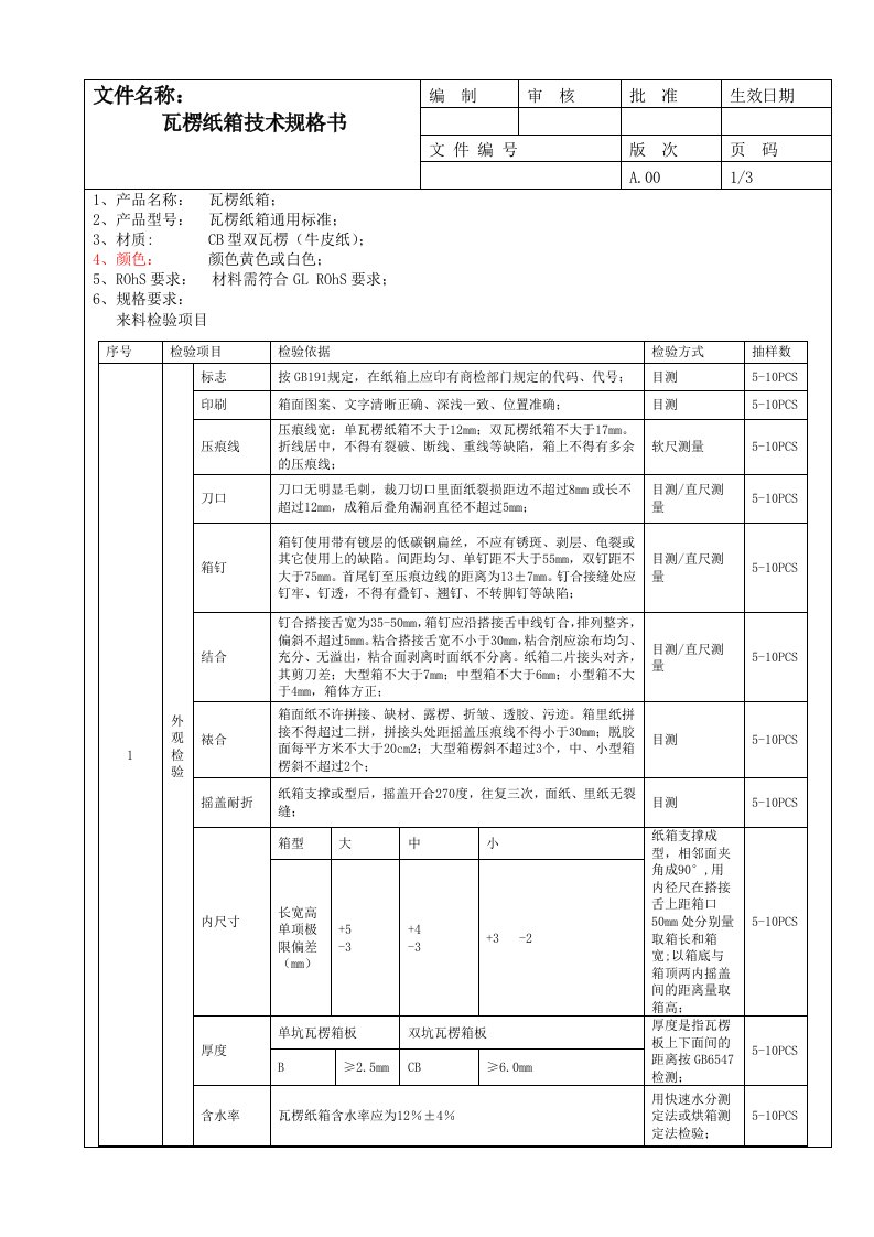 瓦楞纸箱技术规格书