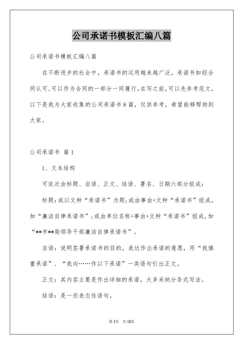 公司承诺书模板汇编八篇例文