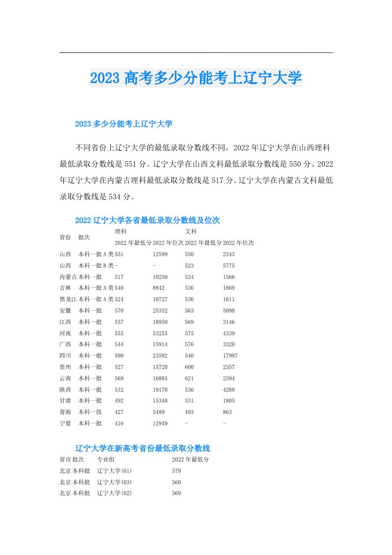 高考多少分能考上辽宁大学