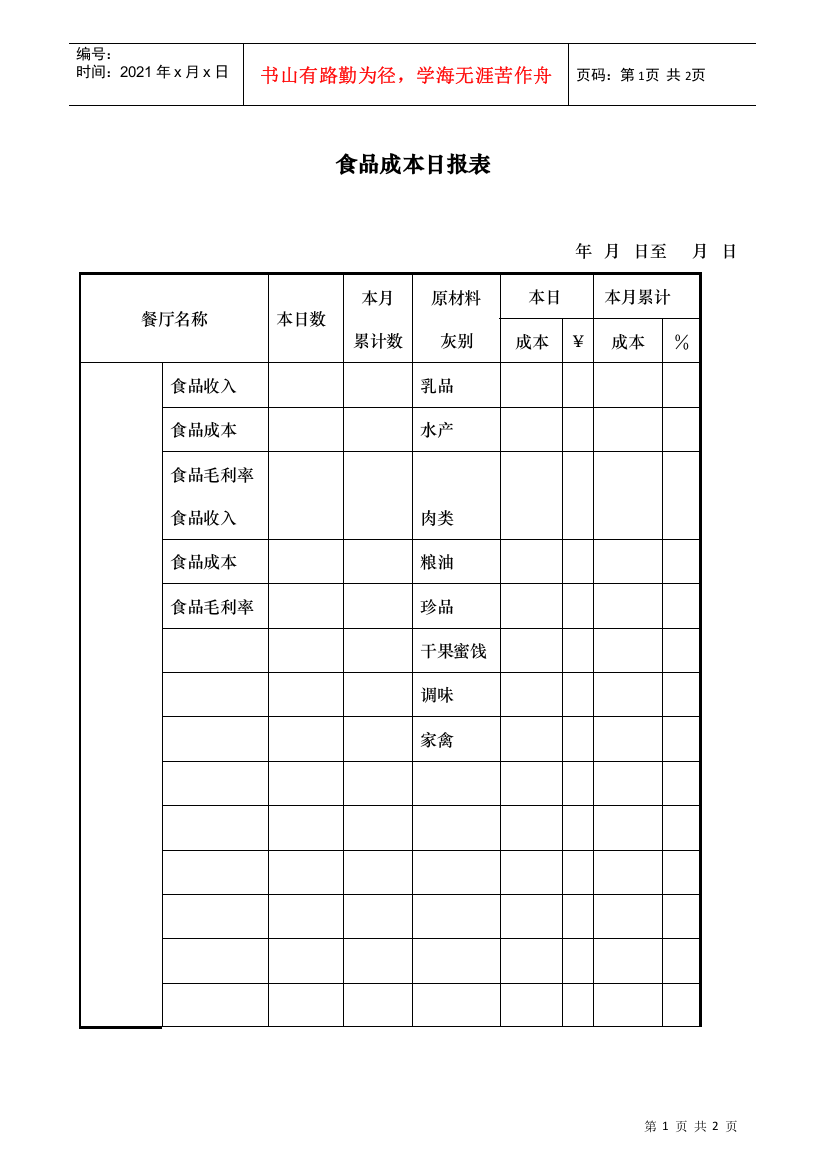 食品成本日报表