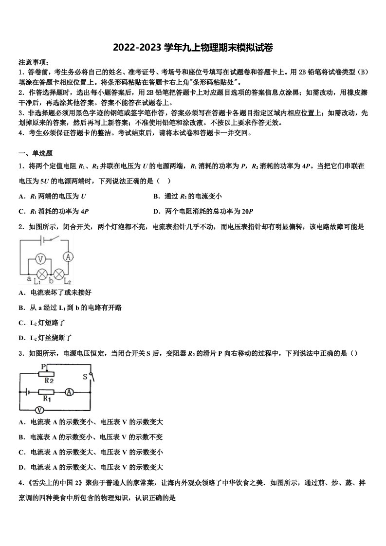 2022-2023学年内蒙古呼伦贝尔市尼尔基第二中学九年级物理第一学期期末检测模拟试题含解析