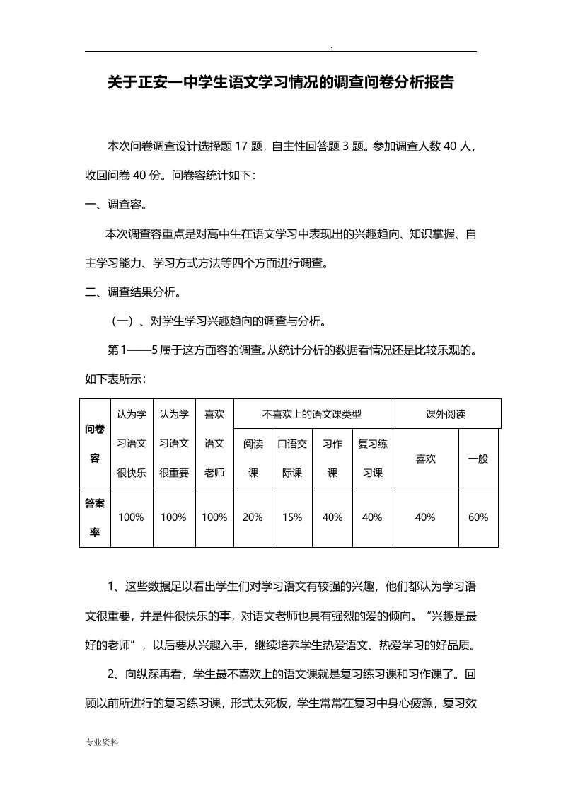 关于学生语文学习情况的调查问卷分析报告