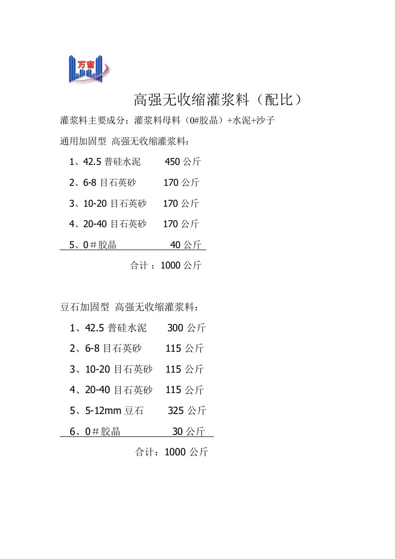 高强无收缩灌浆料（配比）