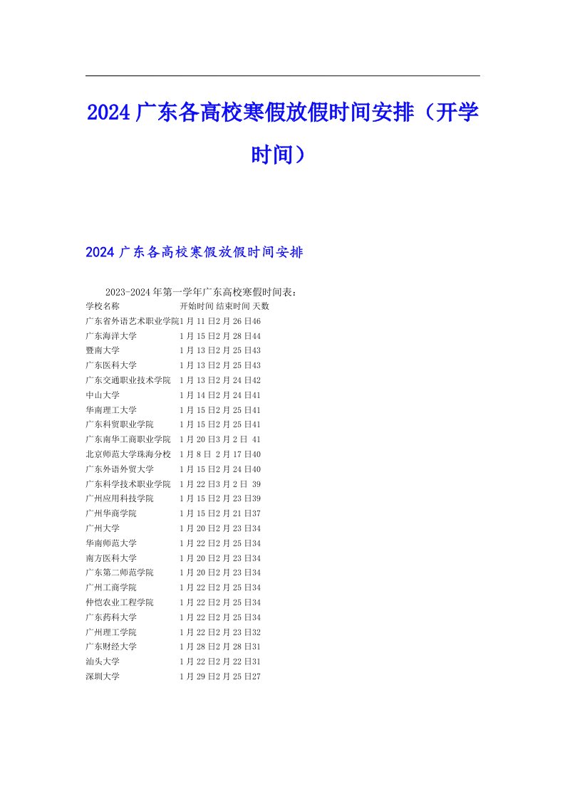 2024广东各高校寒假放假时间安排（开学时间）