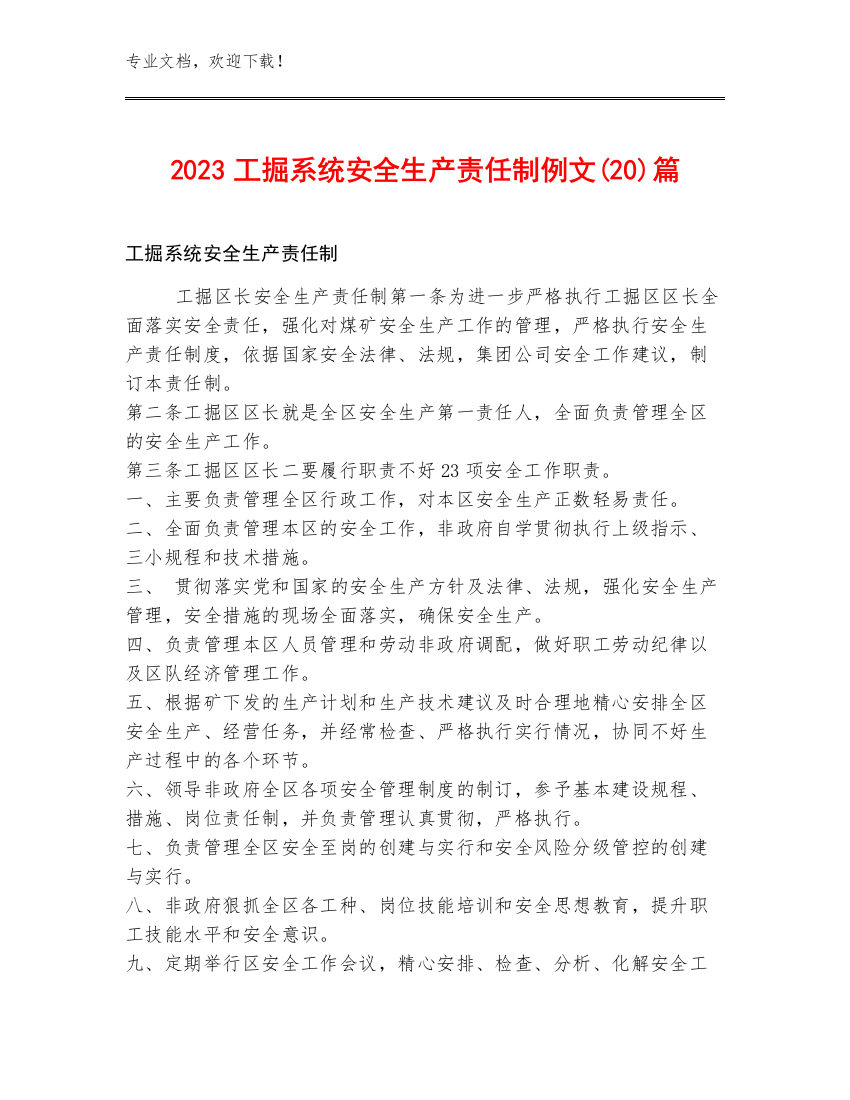 2023工掘系统安全生产责任制例文(20)篇