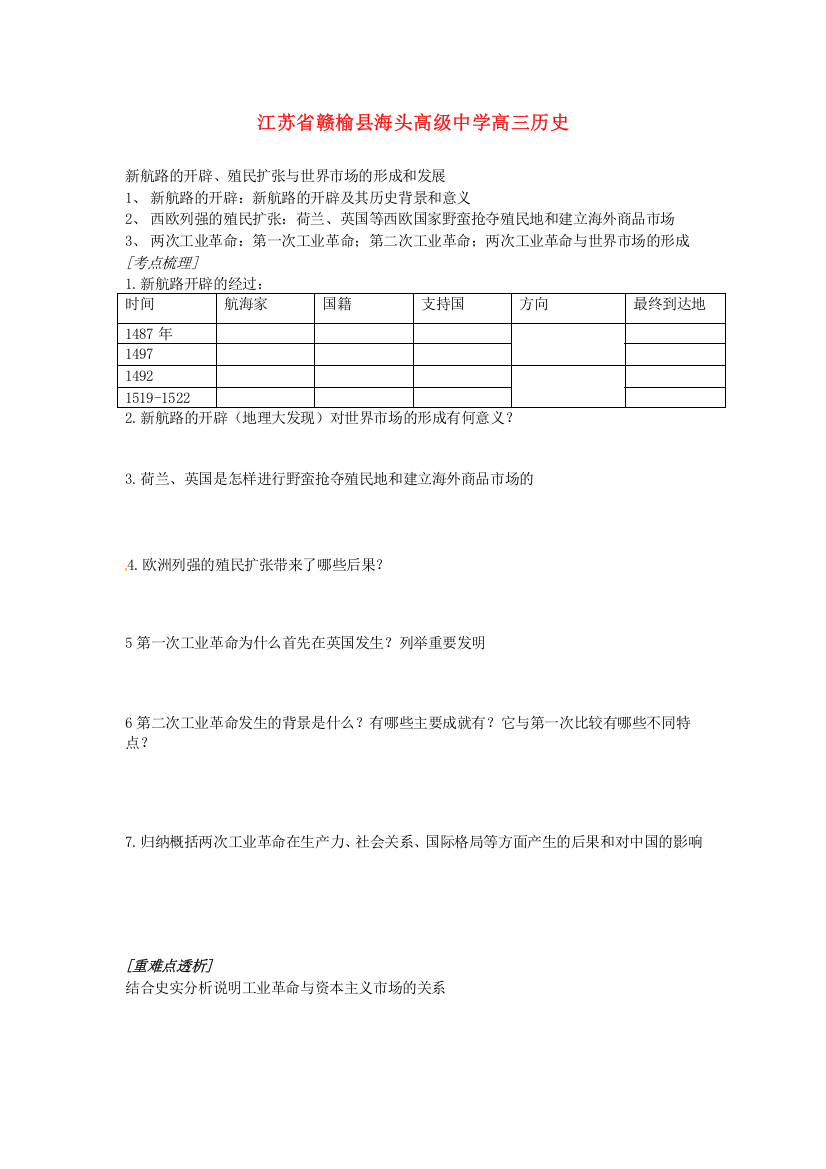 江苏省赣榆县海头高级中学高三历史《专题五