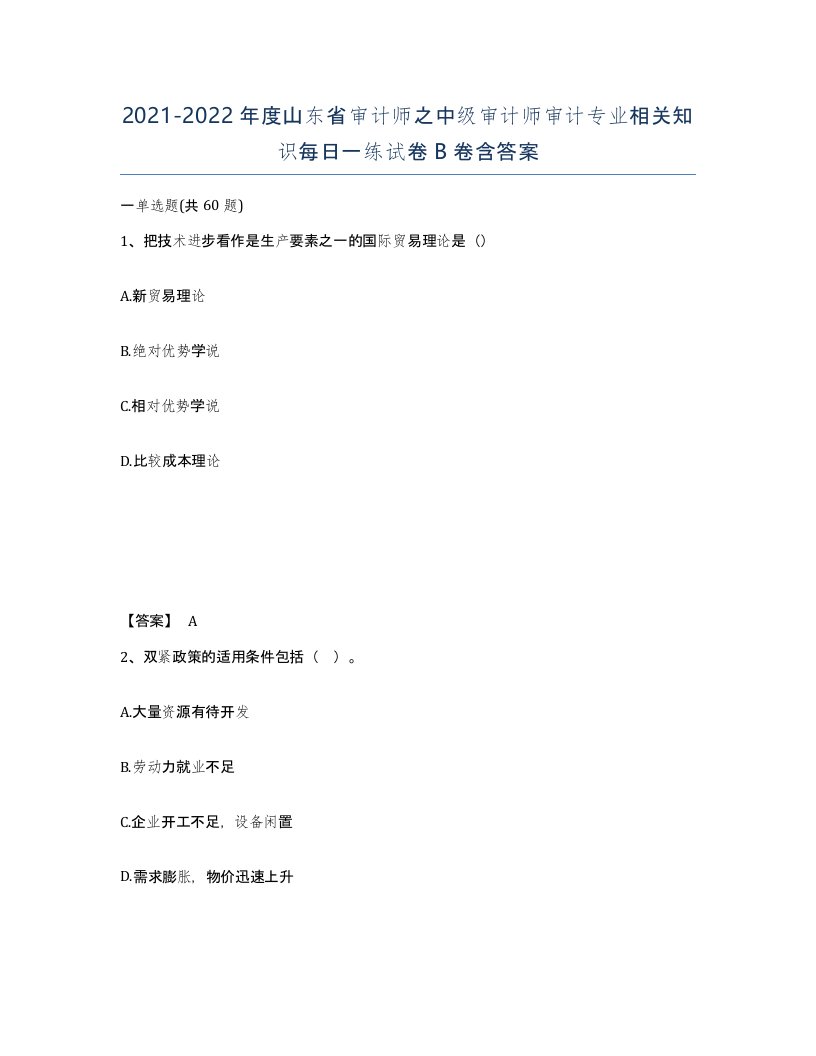 2021-2022年度山东省审计师之中级审计师审计专业相关知识每日一练试卷B卷含答案