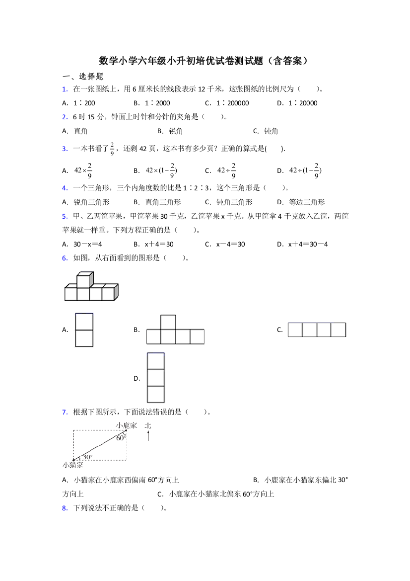 数学小学六年级小升初培优试卷测试题(含答案)