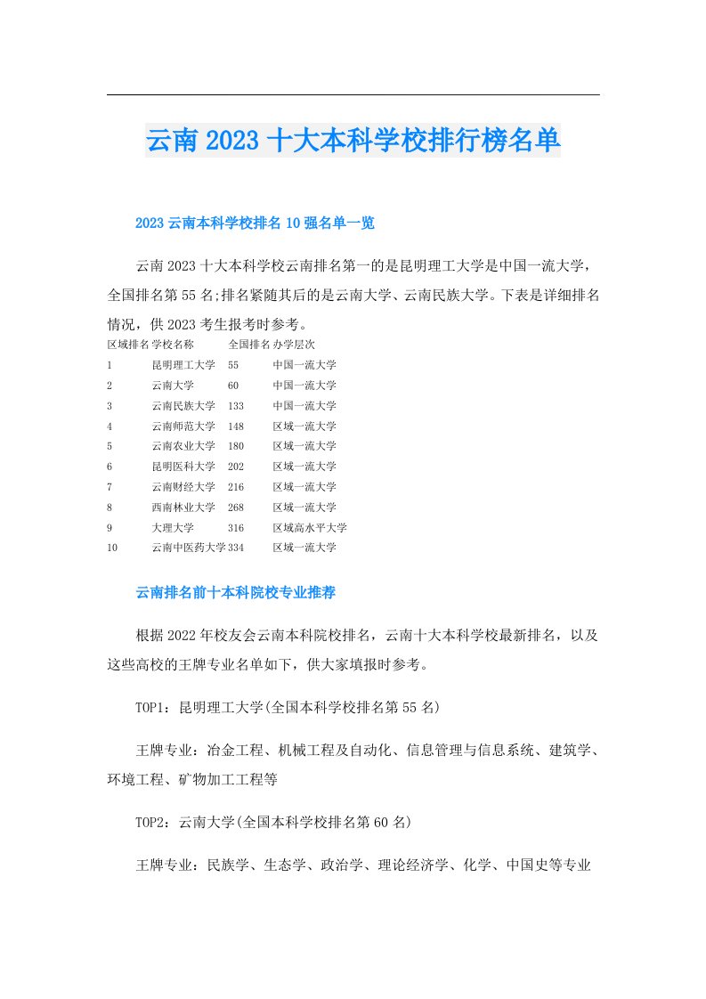 云南十大本科学校排行榜名单