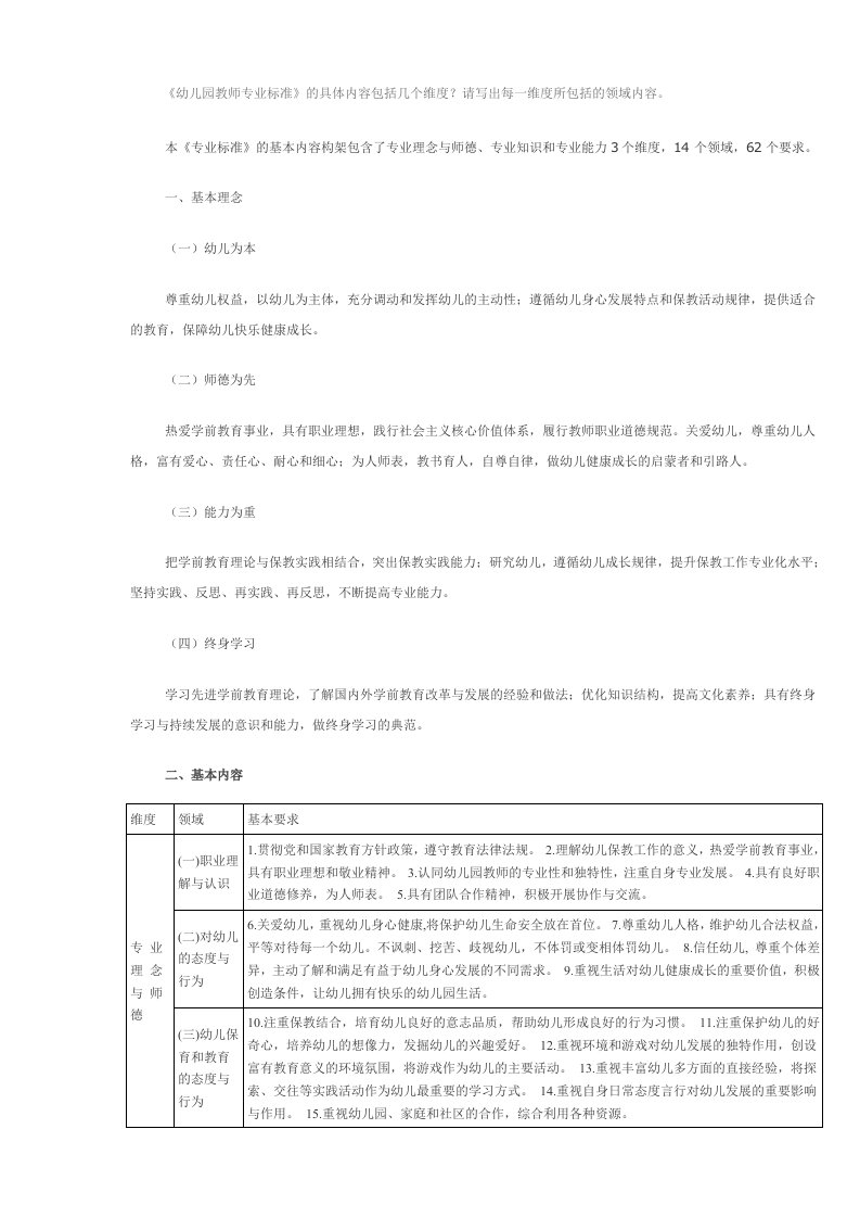 《幼儿园教师专业标准》的3个维度14个领域62个基本要求