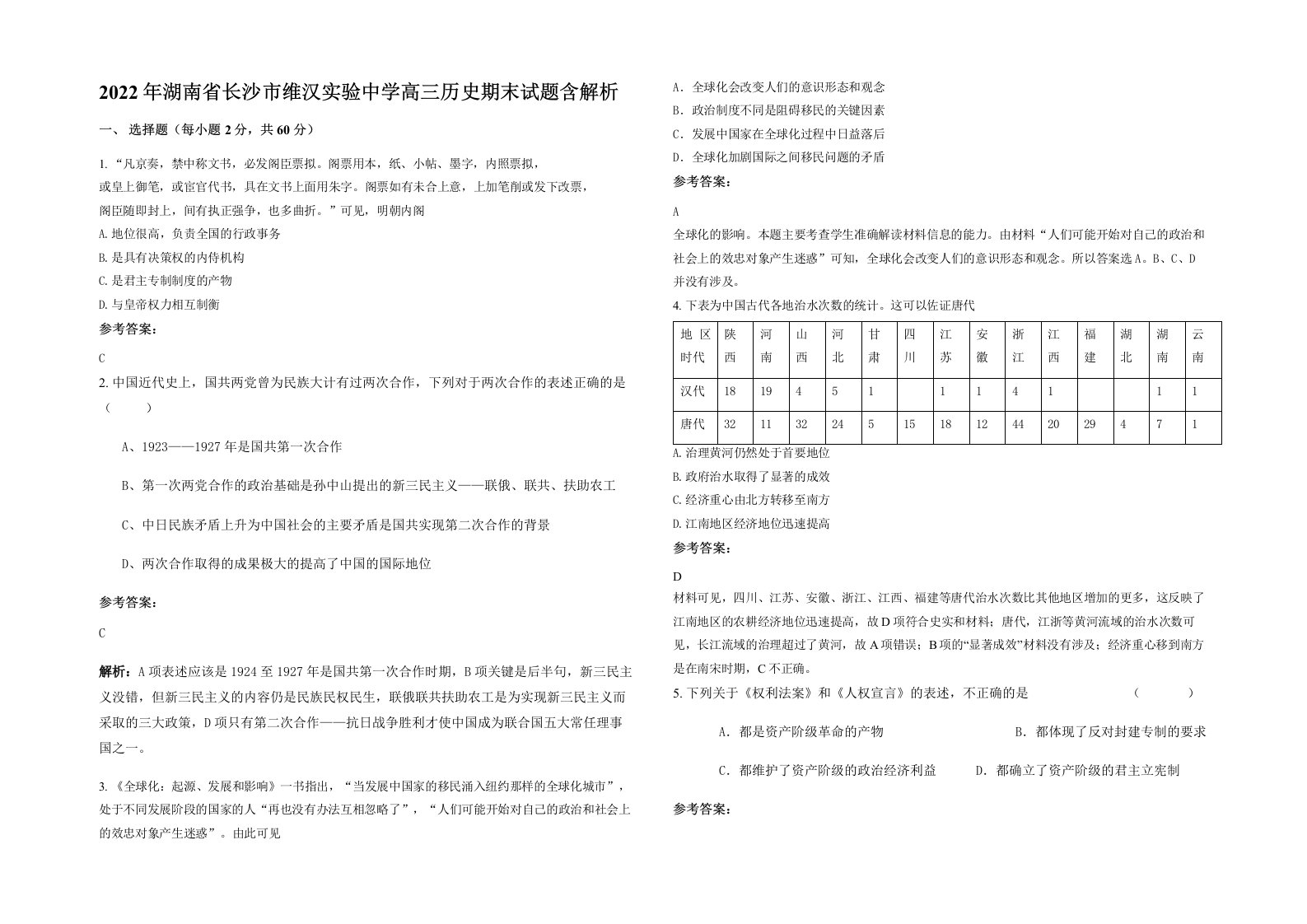 2022年湖南省长沙市维汉实验中学高三历史期末试题含解析