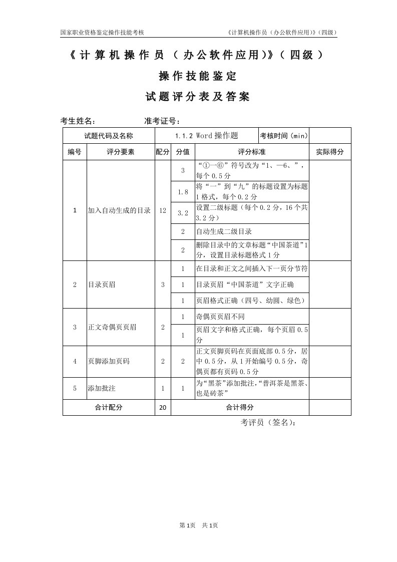 计算机操作员（办公软件应用）四级_试题评分表及答案1.1.2