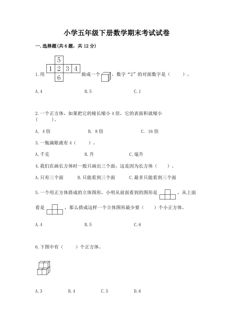 小学五年级下册数学期末考试试卷带答案【能力提升】