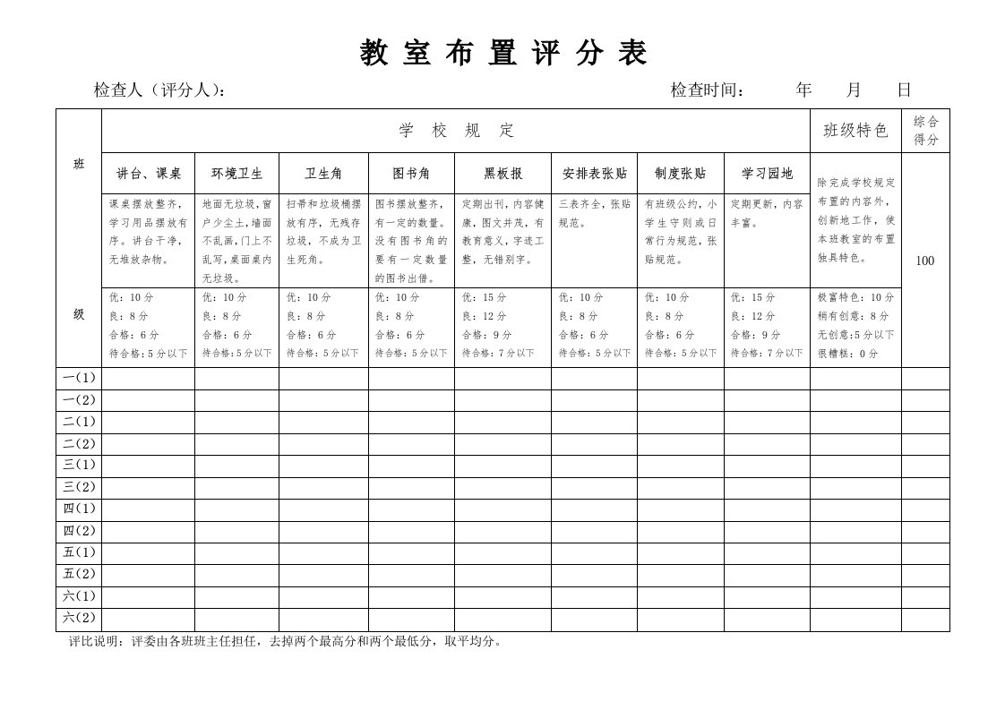 教室布置评分表