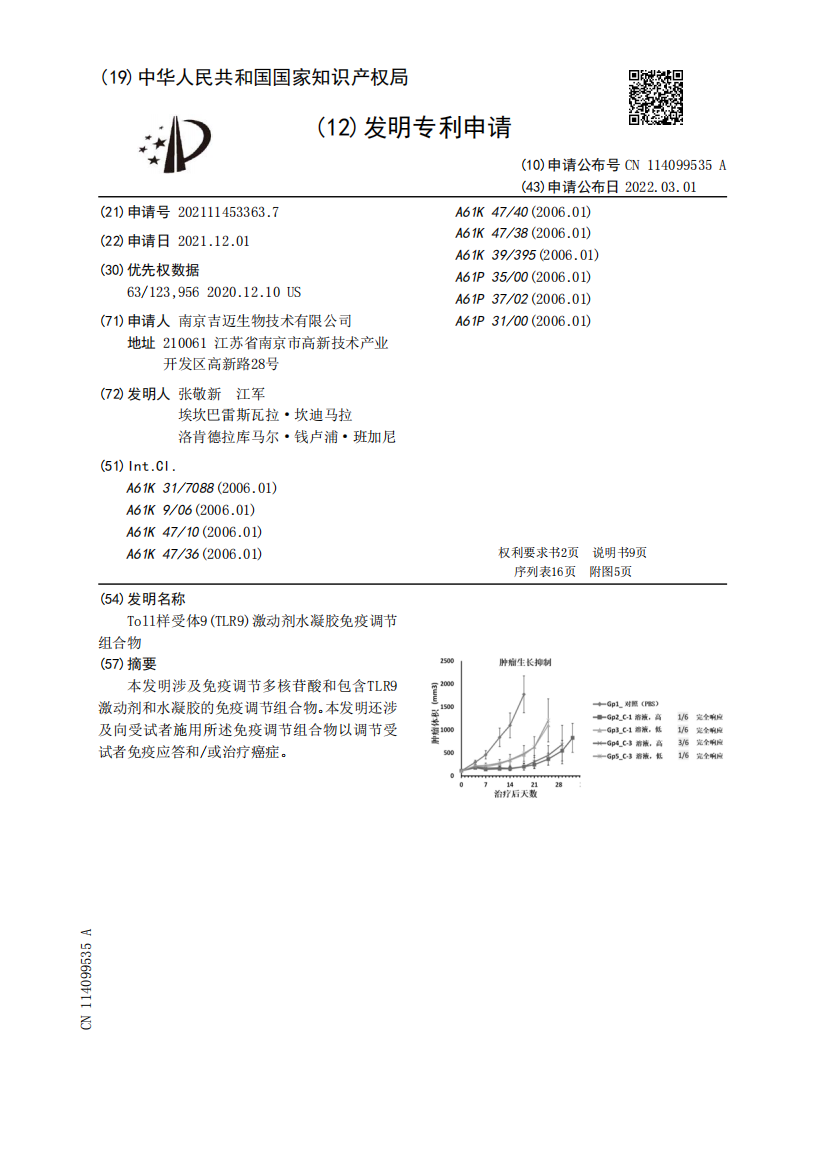 Toll样受体9(TLR9)激动剂水凝胶免疫调节组合物