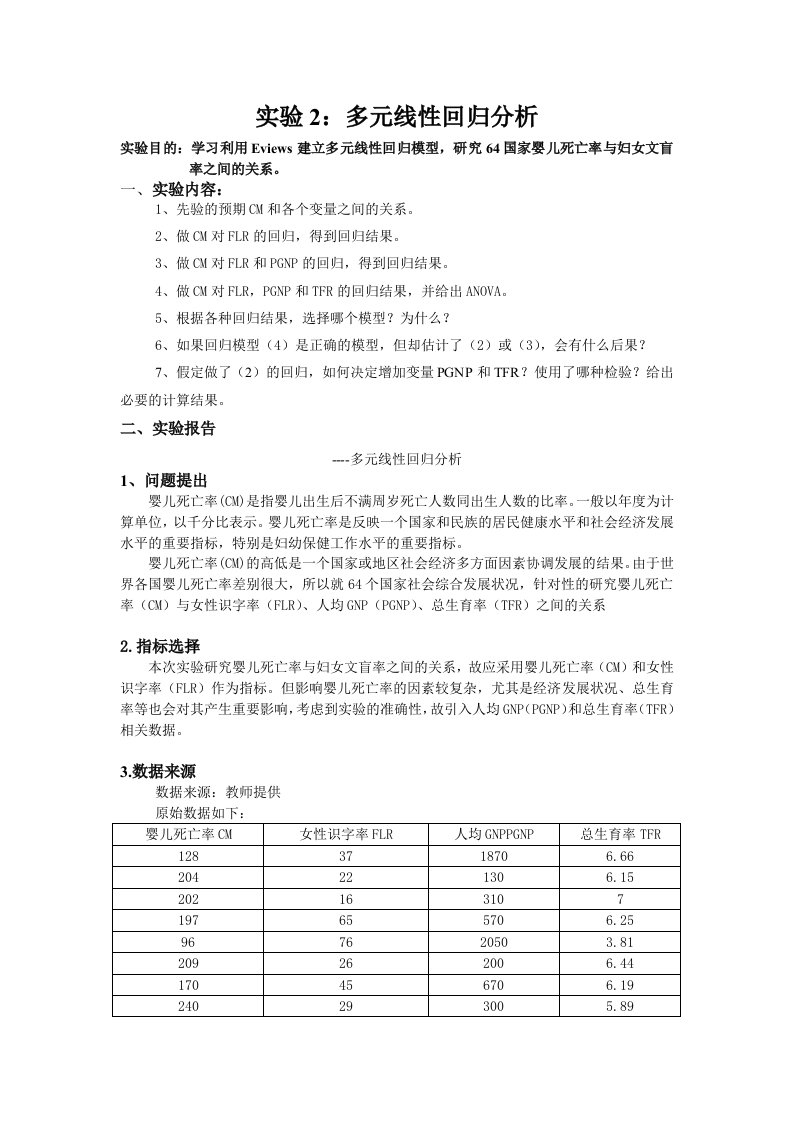 计量经济学实验报告(多元线性回归分析)