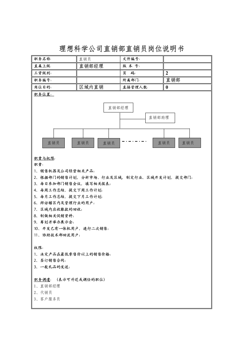 理想科学公司直销部直销员岗位说明书