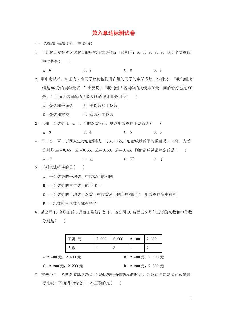 2021秋八年级数学上册第六章数据的分析达标测试卷新版北师大版