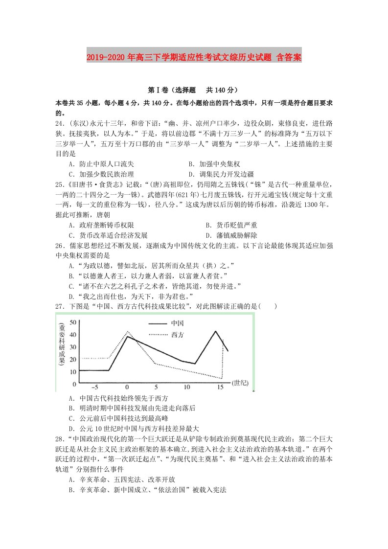 2019-2020年高三下学期适应性考试文综历史试题