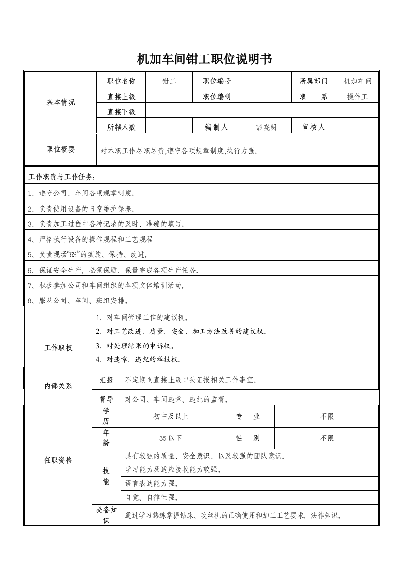 车间钳工职位说明书