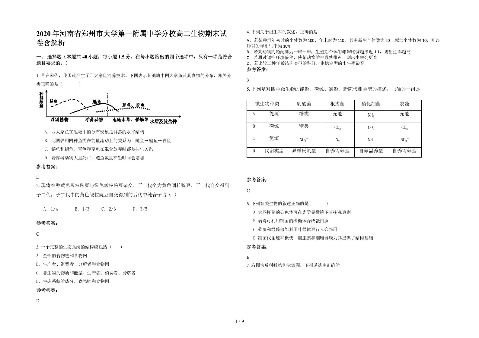 2020年河南省郑州市大学第一附属中学分校高二生物期末试卷含解析