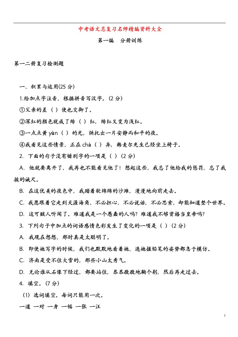 2010最新最权威中考语文总复习名师精编资料大全（519页）