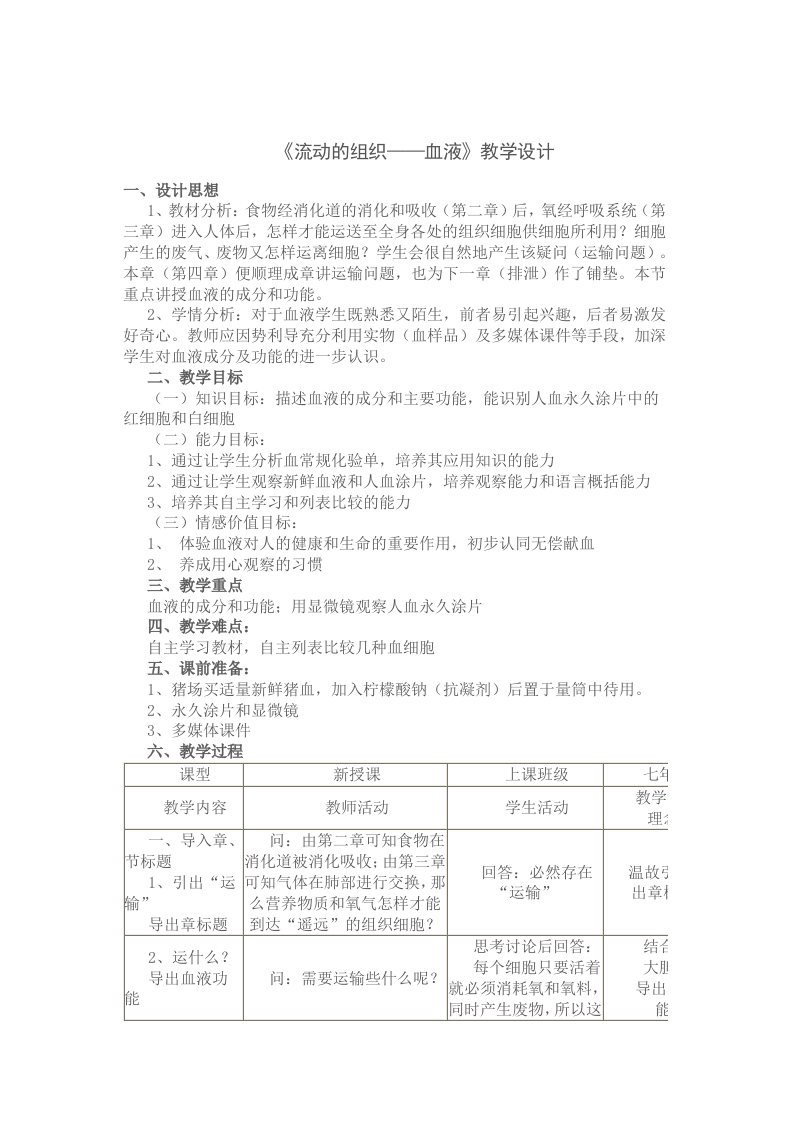 七年级下册生物流动的组织血液的教学设计