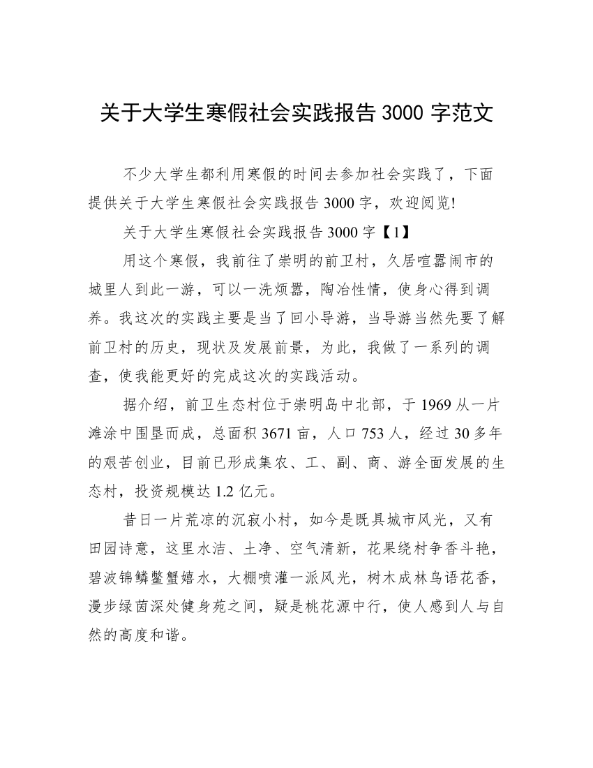 关于大学生寒假社会实践报告3000字范文