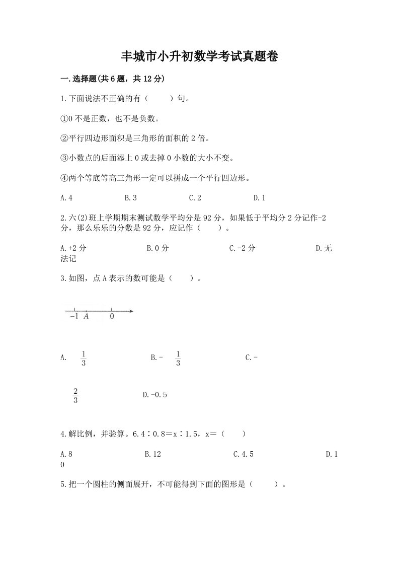 丰城市小升初数学考试真题卷推荐